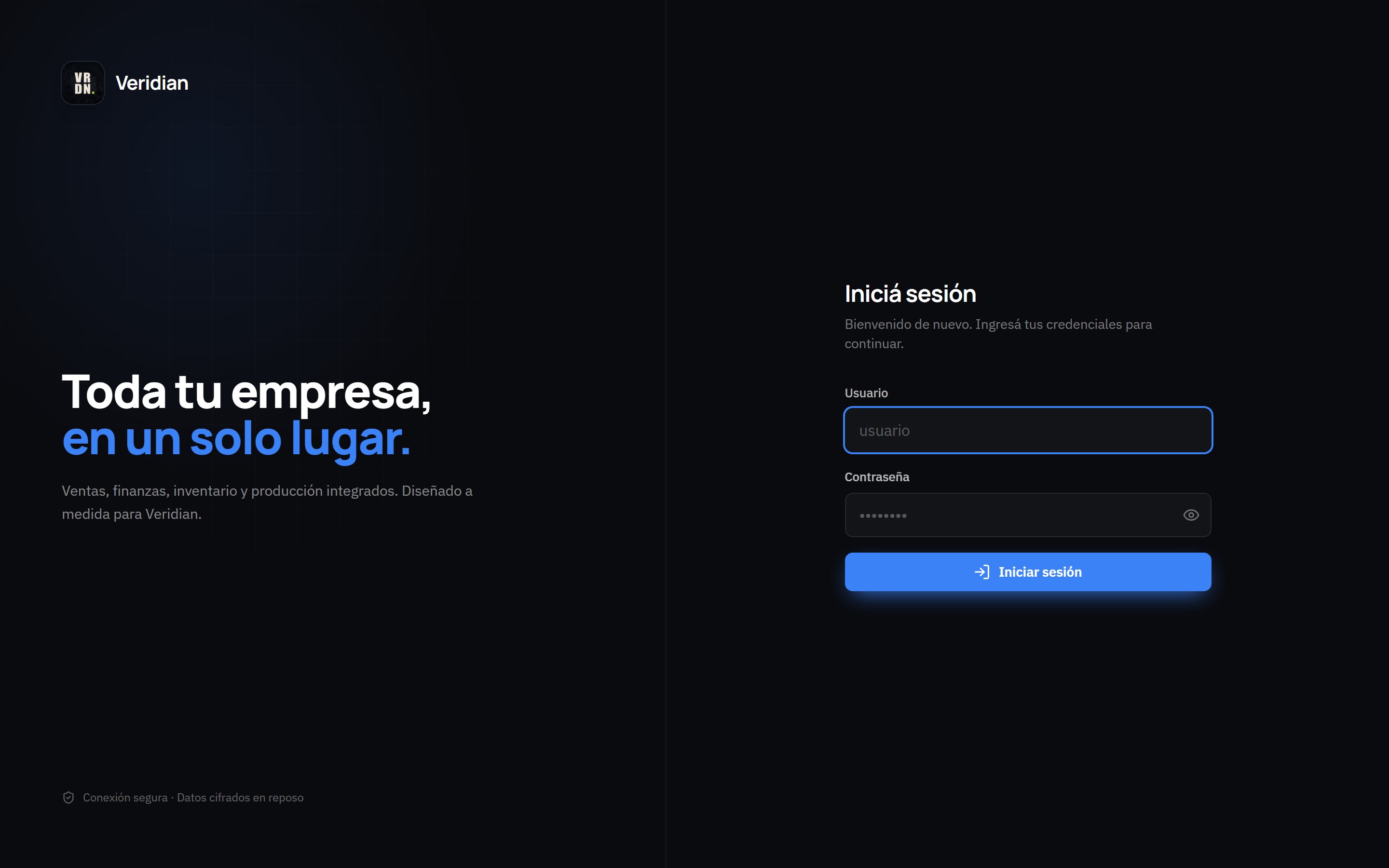Pantalla de inicio de sesión de Veridian ERP: toda tu empresa en un solo lugar
